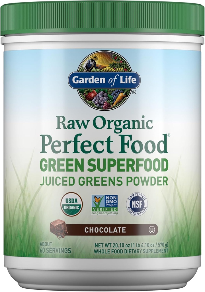 Garden of Life Raw Organic Perfect Food Green Superfood Juiced Greens Powder - Chocolate, 60 Servings, Non-GMO, Gluten Free, Vegan Whole Food Dietary Supplement Plus Probiotics, Enzymes 2