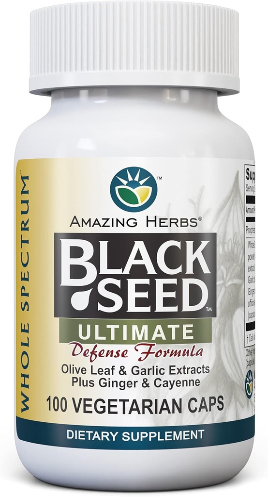 Amazing Herbs Whole Spectrum Black Seed Ultimate, Vegetarian Capsules - Olive Leaf & Garlic Extracts Plus Ginger & Cayenne, Gluten Free, Non GMO, Vegan - 100 Count 2
