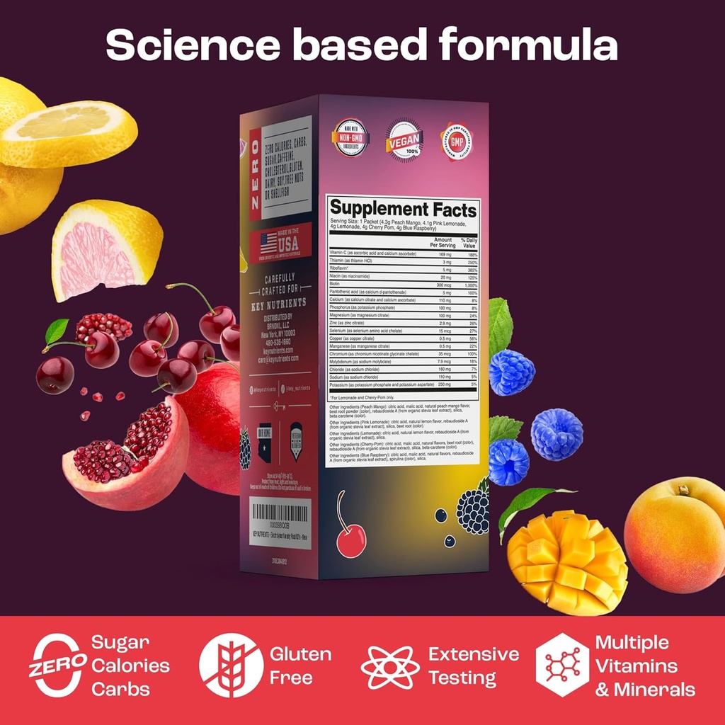 KEY NUTRIENTS Electrolytes Powder Packets 20 Pack - No Sugar, 5 Delicious Flavors, Hydration Packets with Electrolyte Powder for Refreshing Electrolyte Drink Mix Packets - Zero Calories 3