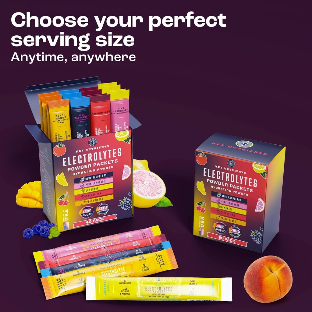 KEY NUTRIENTS Multivitamin Electrolytes Powder No Sugar - 5 Delicious Flavors Electrolyte Powder - Endurance & Energy Supplement - Hydration Powder - No Calories - 10 Servings - Made in USA 4