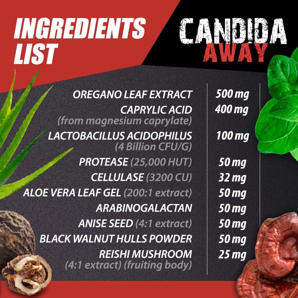 Organic Reishi Mushroom Powder - CANDIDA AWAY - Digestive Cleanse (2 bottles 120 capsules) - Anti Overgrowth Supplement - Oregano Leaf Extract - candida away extra strength - candida cleanse - candida 6