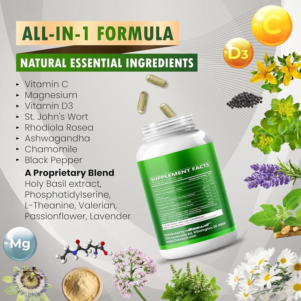 ST John's Wort 14-in-1 Natural Blend with Rhodiola Ashwagandha Chamomile Holy Basil L-Theanine Valerian Passionflower - 150 Count - Made & Tested in The USA 5