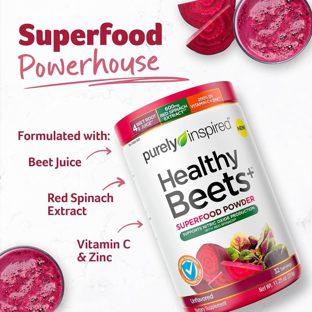 Purely Inspired Healthy Beets Superfood Powder, Unflavored - Super Beet Root Powder with Red Spinach Extract, Vitamin C & Zinc for Immune Support - Supports Nitric Oxide Production for Men & Women 3