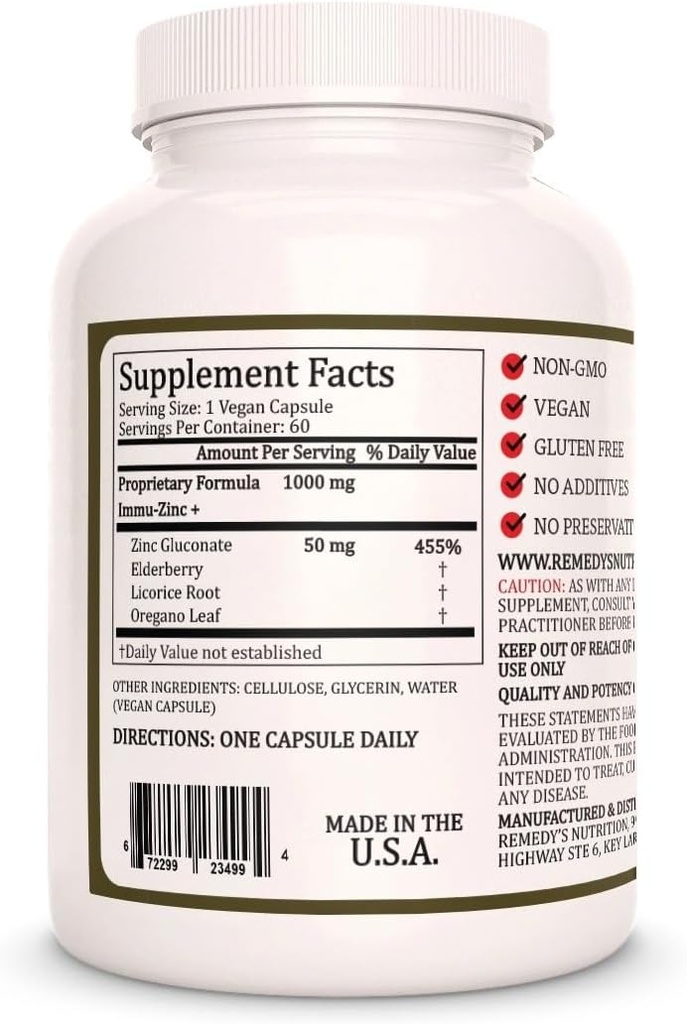 Remedy's Nutrition Immu-Zinc + | 1,000 mg, 60 Vegan Capsules Dietary Supplement | Two Month Supply | Also Contains Elderberry, Licorice & Oregano 3