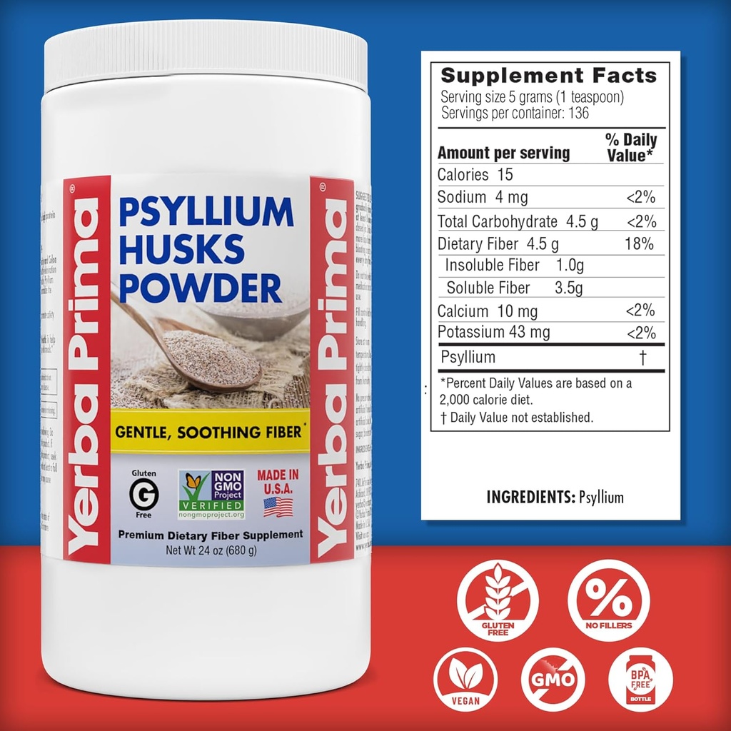 Yerba Prima Psyllium Husks Powder - 24 oz (Pack of 2) - Unflavored - Fine Ground - Natural Fiber Supplement with Soluble & Insoluble Fiber 4