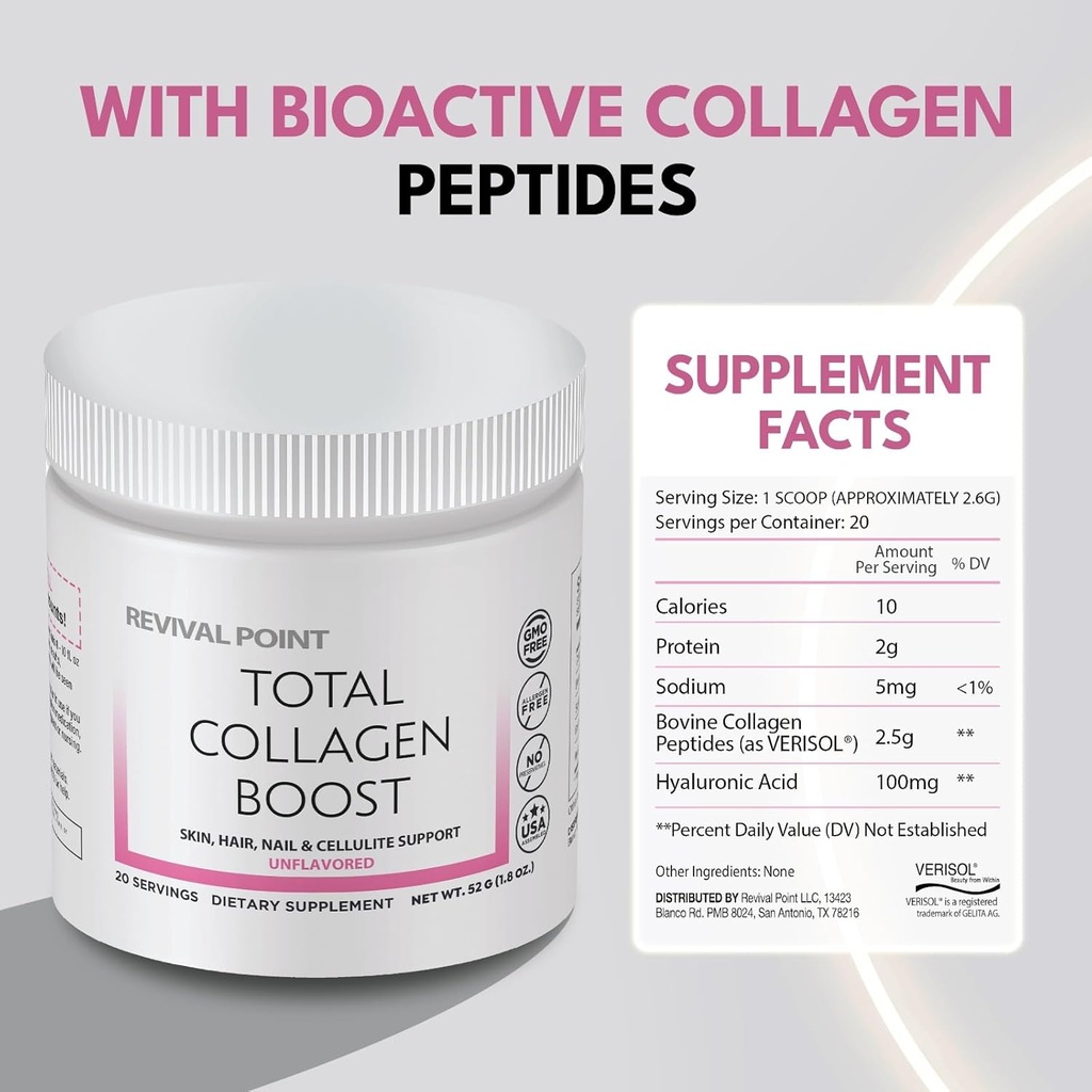 Total Collagen Boost with Verisol® Bioactive Collagen peptides Peptides Powder, Hyaluronic Acid & Marine Collagen 3