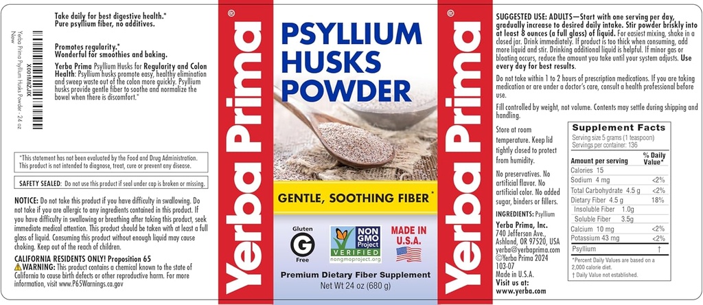 Yerba Prima Psyllium Husks Powder - 24 oz (Pack of 2) - Unflavored - Fine Ground - Natural Fiber Supplement with Soluble & Insoluble Fiber 6