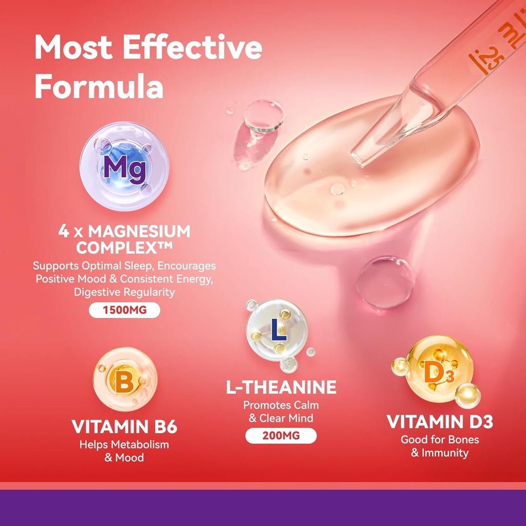 Magnesium Glycinate Liquid Drops 1500mg with Magnesium Citrate & Taurate, L-Theaine, Vitamin D3, B6, Supports Calm, Sleep, Muscle Relaxation, Leg Cramps & Energy, Strawberry Flavor, 60 mL 4