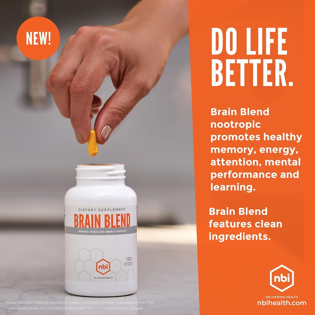 NBI Brain Blend for Memory, Focus, Concentration, Cognitive Function for Men & Women | Caffeine-Free with ALCAR, Alpha Lipoic Acid, Huperzine A, Turmeric | Nootropic | 120ct Capsules 5