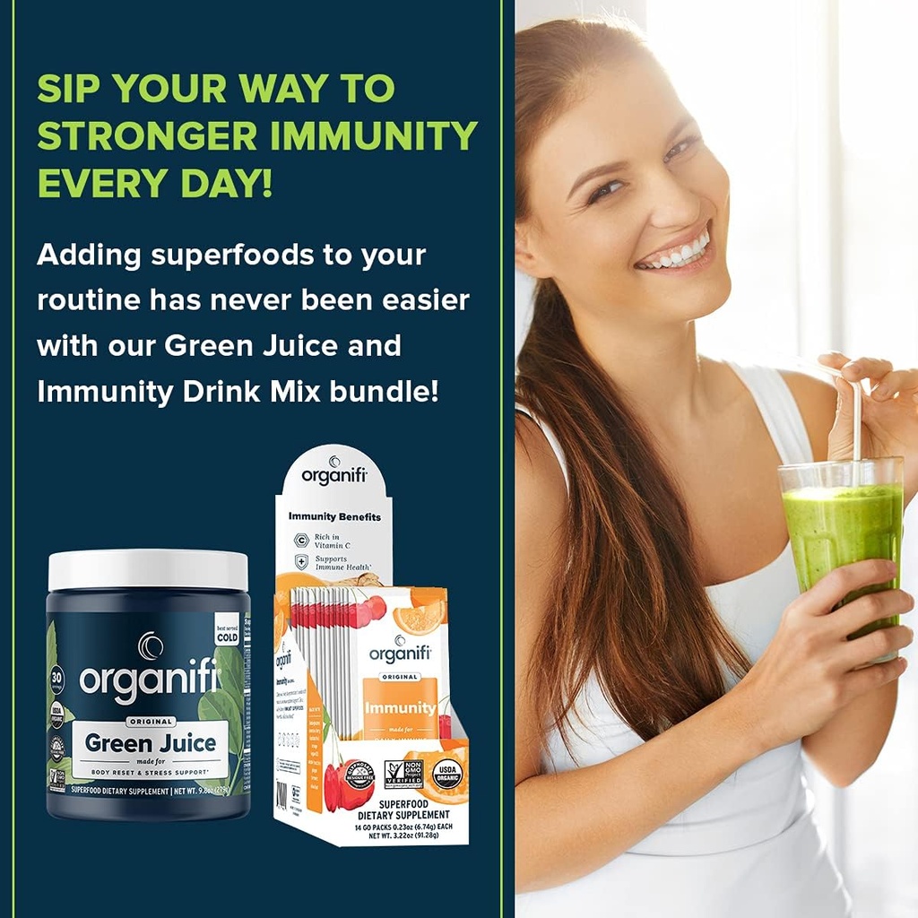 Organifi Green Juice Superfood Powder (30 Servings) and Immunity Drink Mix (14 Packets) Vitamin C, Vitamin D, Zinc, Detox Cleanse, Stress Relief and Immunity Support - Gluten Free, Vegan, Whole Food 4