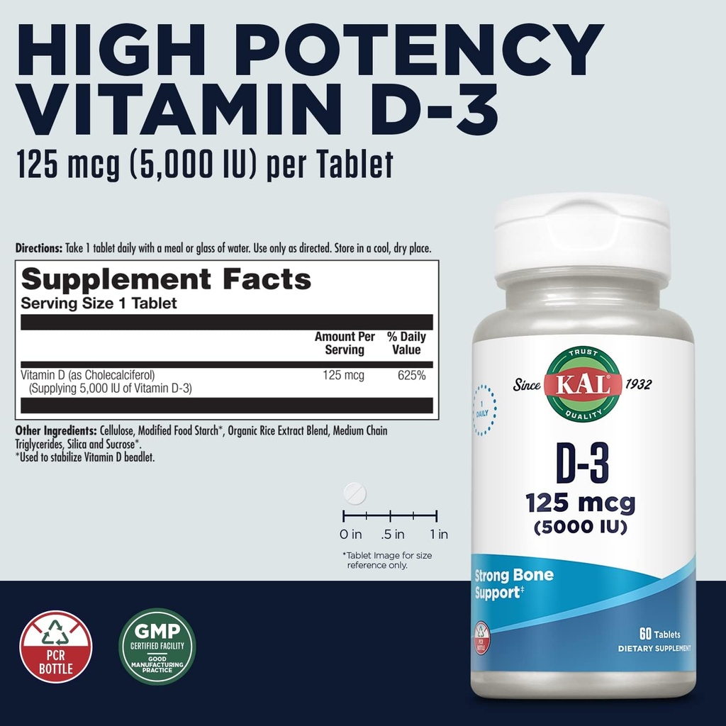 KAL Vitamin D3 5000 IU 125 mcg, High Potency Vitamin D Tablets, Calcium Absorption, Bone Health and Immune Support Supplement, Rapid Disintegration D-3 ActivTabs, 60-Day Guarantee, 60 Serv, 60 Tablets 3