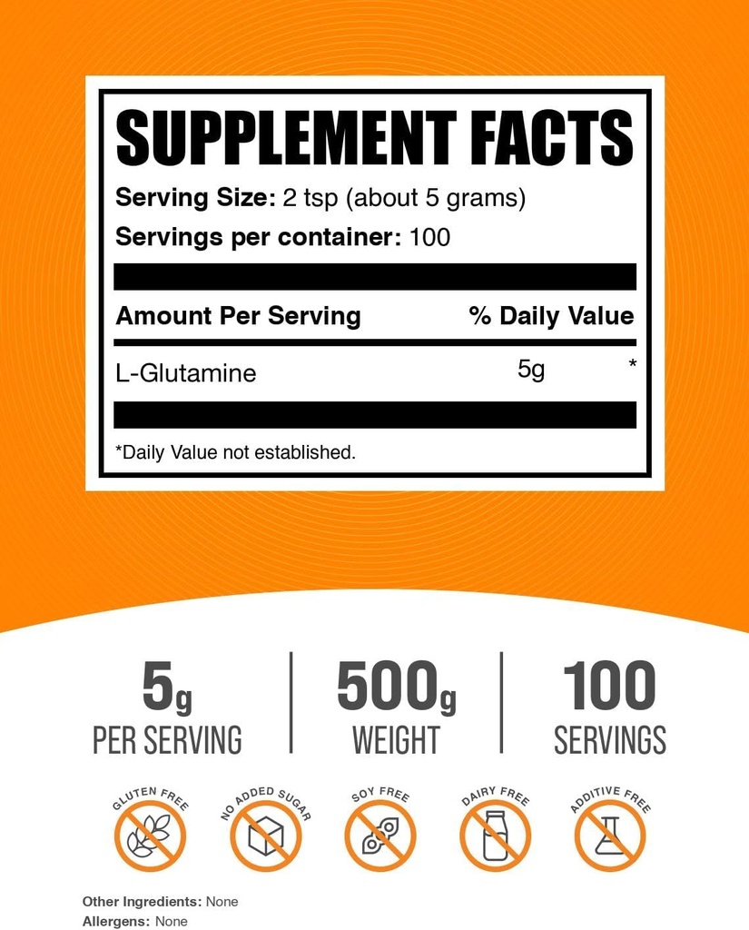 BulkSupplements.com L-Glutamine Powder - Glutamine Supplement, for Recovery & Gut Health - Unflavored & Gluten Free, 5g (5000mg) per Serving, 500g (1.1 lbs) (Pack of 1) 3