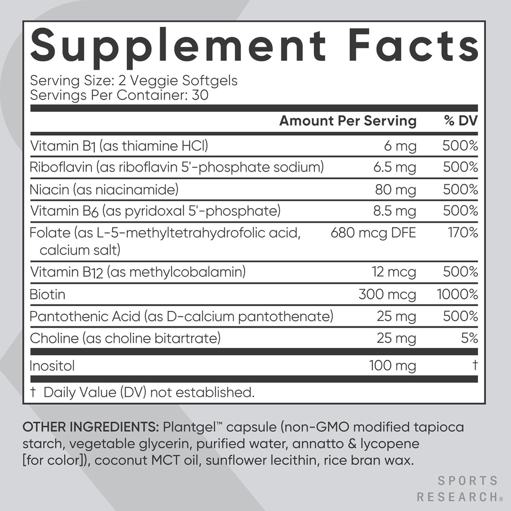 Sports Research® Vitamin B-Complex - Full Spectrum of B Vitamins with Methylated B12 & Folate - Gluten Free · Plant-Based · Non-GMO · Vegan-Friendly Formula - 60 Veggie Softgels 6