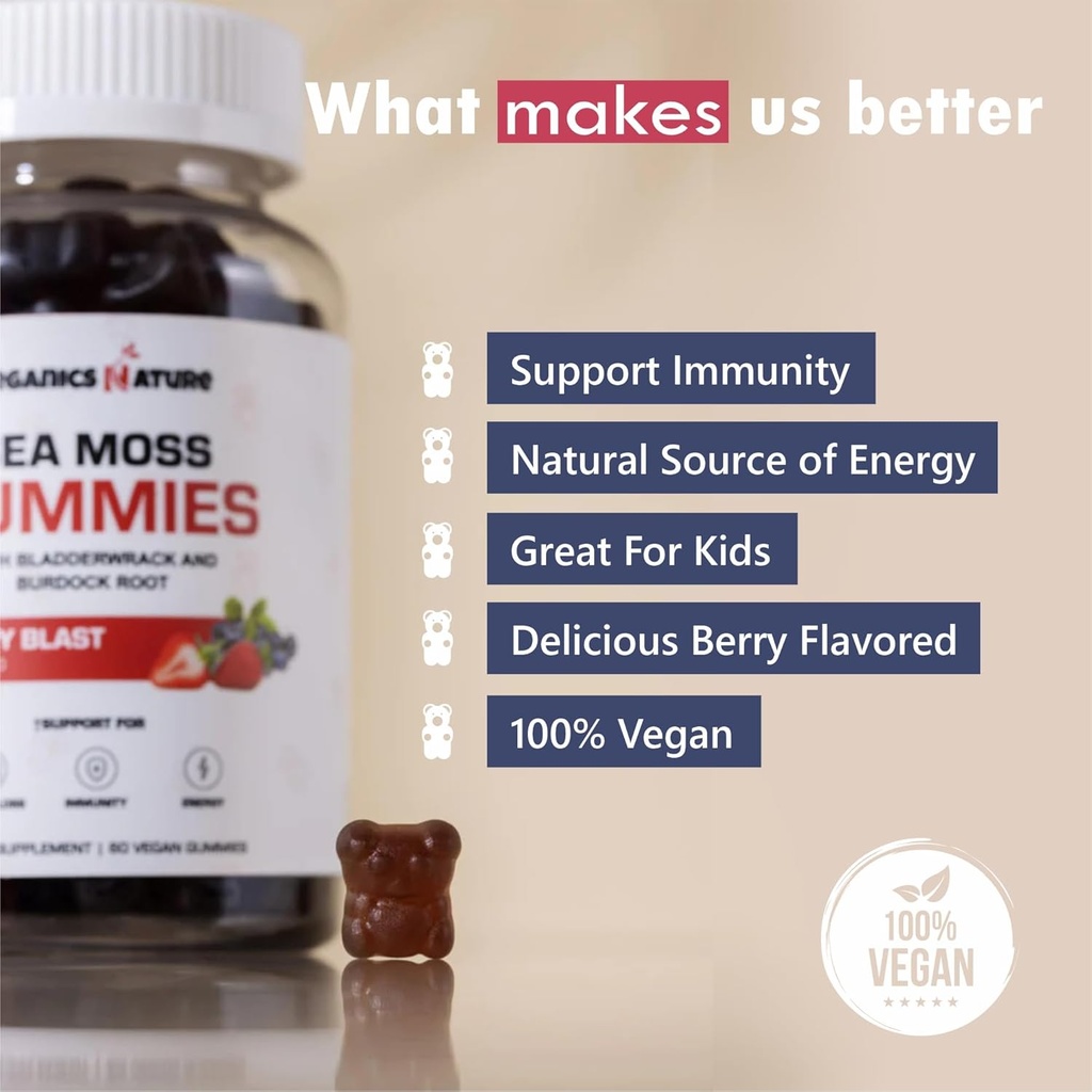 ORGANICS NATURE Irish Sea Moss Gummies for Lung Detox, Thyroid, Strength Immune & Energy Support, Vegan Seamoss Gummies for Kids & Adults - 60 Vegan Gummy Bears Berry Flavored 6