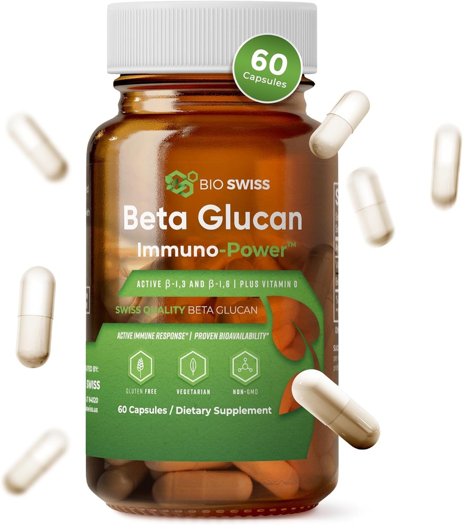 Bio Swiss Beta Glucan Immunity Power - 1,3D-1,6D Glucan with Vitamin D - Immune Support Supplement for Enhanced Defense and Wellness - Vegan, Gluten-Free (60 Capsules) 2