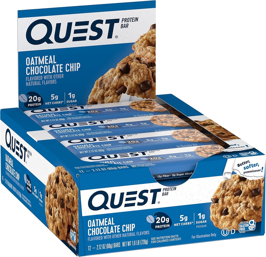 Quest Nutrition Oatmeal Chocolate Chip Protein Bars, 20g Protein, 1g Sugar, 5g Net Carb, Gluten Free, Keto Friendly, 12 Count 3