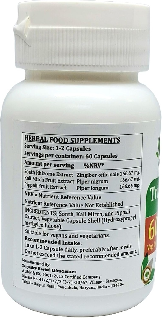Trikatu Forte Capsules 500 mg. 60 Veg. Capsule | Trikatu (Pippali, Kali Mirch, Sonth) Extract Capsules for Men and Women | Ayurvedic Herbal Supplement/Remedies | 10:1 Forte (1 Bottle of 60 Capsules) 3