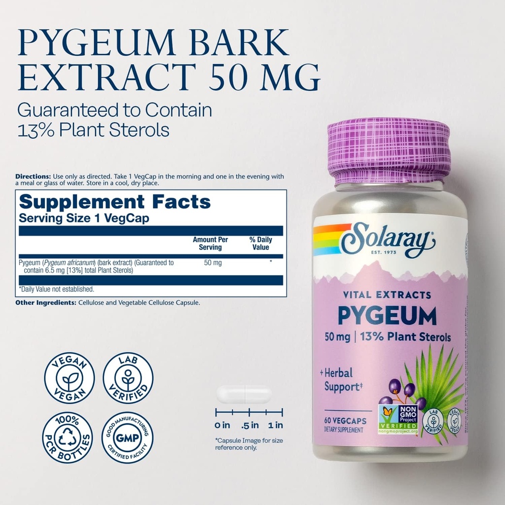 SOLARAY Pygeum Bark Extract 50mg - Pygeum Supplement for Prostate Health Support - Guaranteed to Contain 6.5mg Plant Sterols Like Beta Sitosterol, Non-GMO, Vegan, 60-Day Guarantee, 60 Serv, 60 VegCaps 3