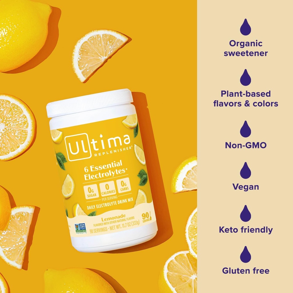 Ultima Replenisher Daily Electrolyte Powder Drink Mix – Sugar Free – Lemonade, 90 Servings – Hydration Powder with 6 Key Electrolytes and Trace Minerals – Keto Friendly, Vegan, Non-GMO 6