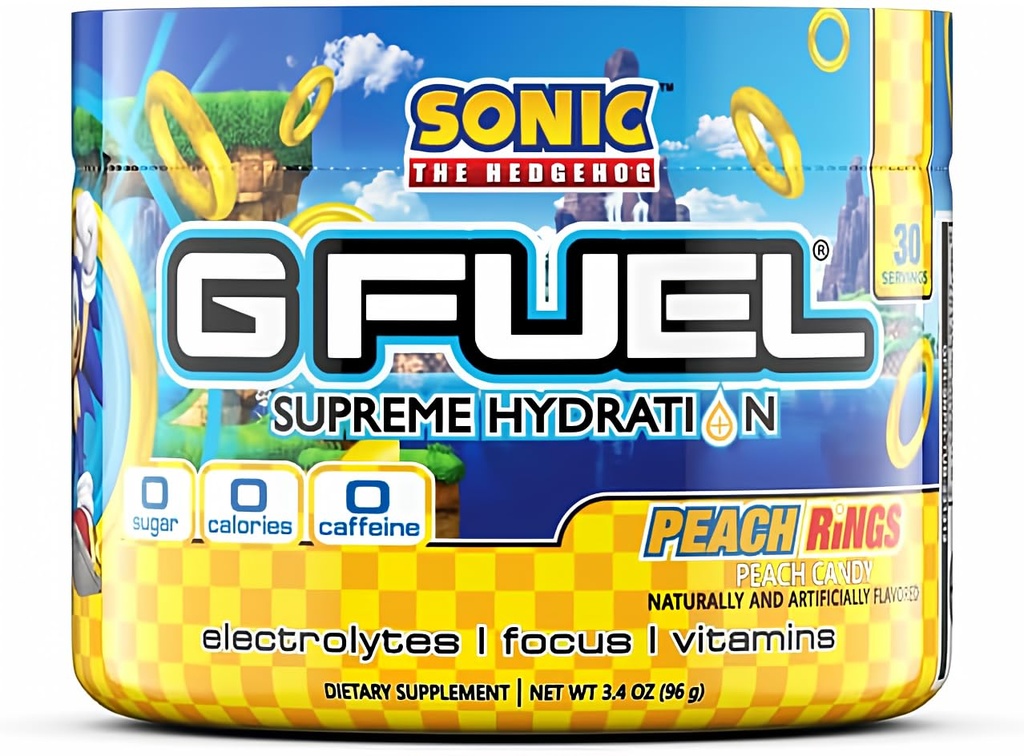G Fuel Sonic's Peach Rings Supreme Hydration, Electrolyte Powder Mix for Energy & Focus, Sugar and Caffeine Free Supplement with Essential Vitamins & Minerals, Peach Rings Flavor, 3.4 oz - 30 Servings 2