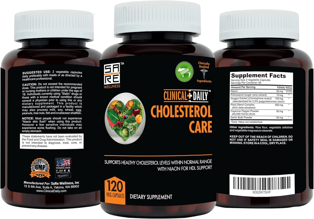 Clinical Daily Cholesterol Care Supplement. Vegan Cholesterol and Triglyceride Supplements. Plant Sterols Supplements Cholesterol Support with Guggul, Garlic, Niacin. 120 Capsules 4