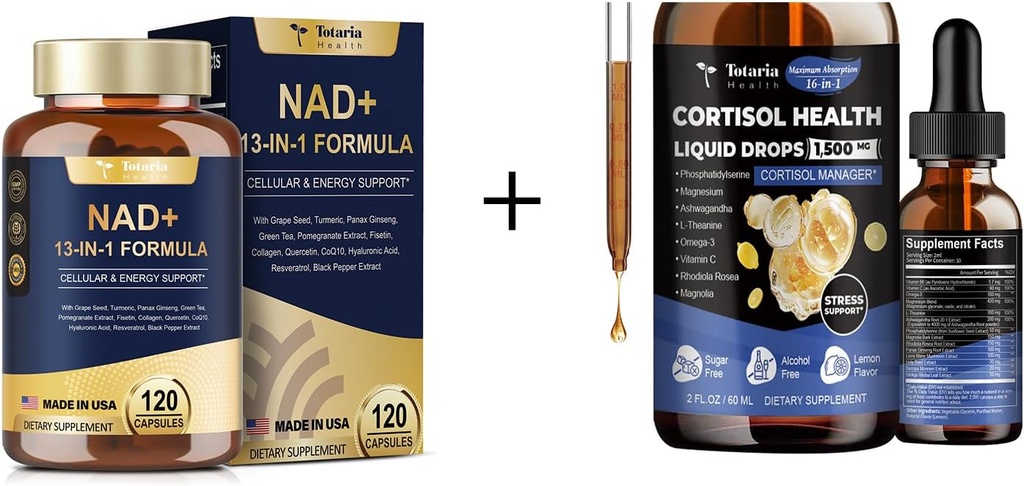 Totaria NAD Supplement for Women Men 120 Capsules 15-IN-1Cortisol Liquid Drops 2 FL.OZ 2