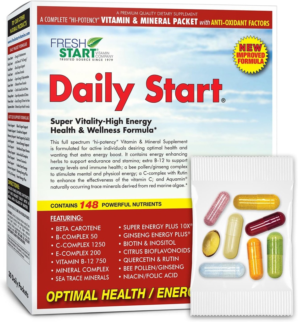 Daily Start Complete Daily Vitamin Pack | 10X Energy & Stamina Booster | Vitamin A, B, C, D, E, B12, Minerals, Ashwagandha, Panax Ginseng, Yerba Mate, Green Tea (30 Packets) 2