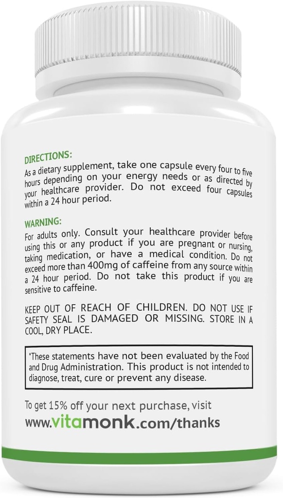 VitaMonk Low Dose Caffeine and Theanine - No Jitters, No Crash- Microdose of Caffeine L Theanine Pills with Caffeine Theanine and Theobromine - 25mg of Caffeine, Caffeine Pills L Theanine - 60 Caps 4