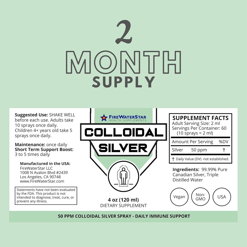 FWS Colloidal Silver Spray - 4 oz - Clear Silver - 50 ppm - 99.99% Pure Silver - Daily Immune Support 3