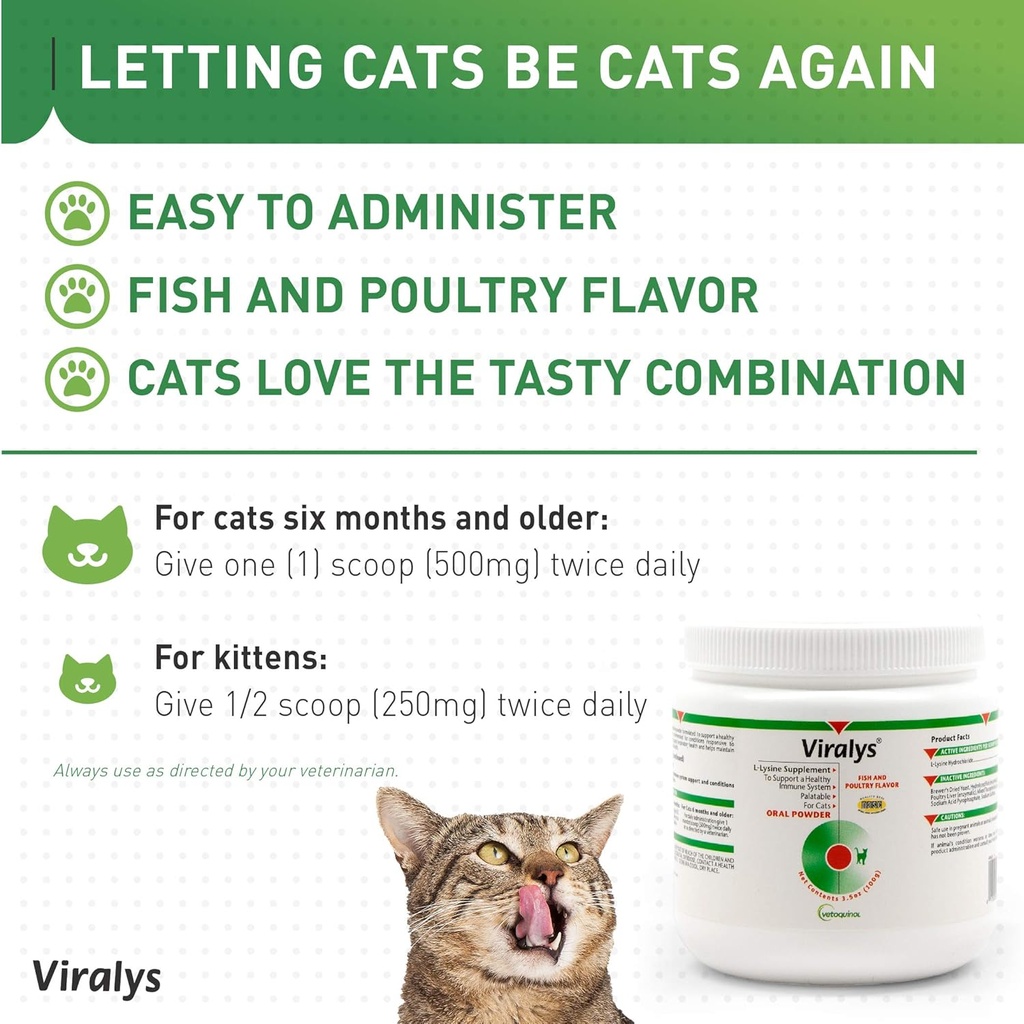 Vetoquinol Viralys Daily L-Lysine Powder for Cats and Kittens, Fish Flavored Lysine Supplement for Cats and Kittens to Support Immune Health, Normal Eye Function and Respiratory Health, 100gm 5