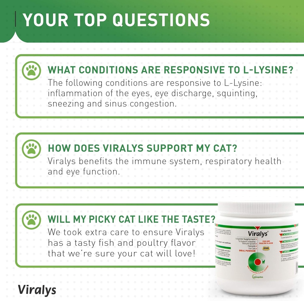 Vetoquinol Viralys Daily L-Lysine Powder for Cats and Kittens, Fish Flavored Lysine Supplement for Cats and Kittens to Support Immune Health, Normal Eye Function and Respiratory Health, 100gm 6