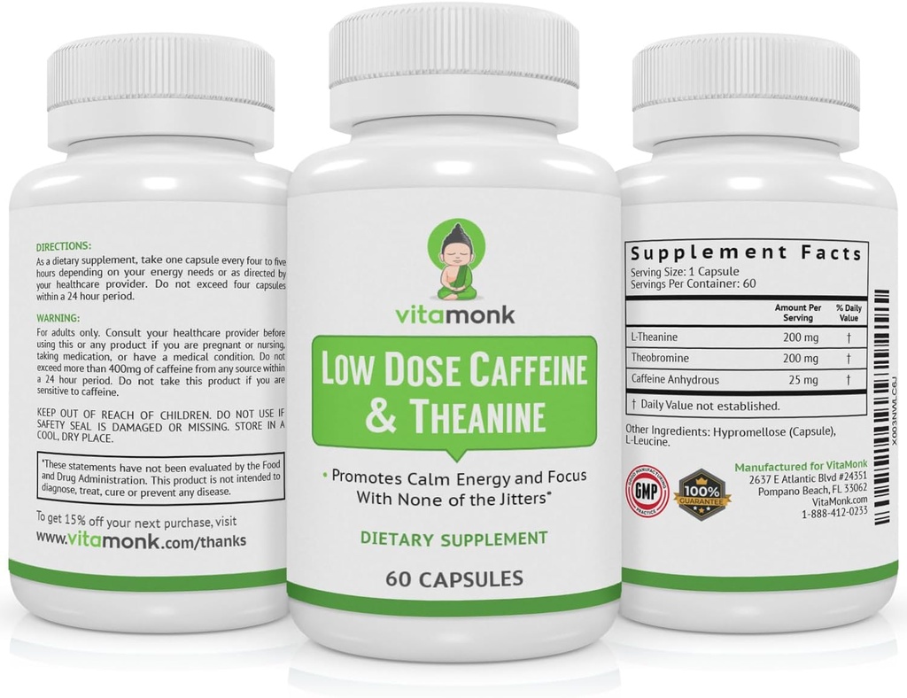 VitaMonk Low Dose Caffeine and Theanine - No Jitters, No Crash- Microdose of Caffeine L Theanine Pills with Caffeine Theanine and Theobromine - 25mg of Caffeine, Caffeine Pills L Theanine - 60 Caps 6