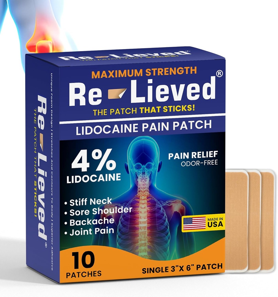 Re-lieved 4% Lidocaine Patches Maximum Strength - Aluminum-Free, Water Resistant and USA Made -Superior Sticking Pain Relief Patches Quickly Relieves Back, Joints and Muscle Pain-3x6 Inches(10 Count) 2