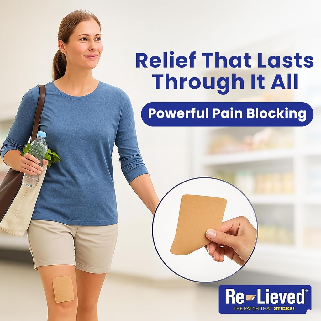 Re-lieved 4% Lidocaine Patches Maximum Strength - Aluminum-Free, Water Resistant and USA Made -Superior Sticking Pain Relief Patches Quickly Relieves Back, Joints and Muscle Pain-3x6 Inches(10 Count) 4