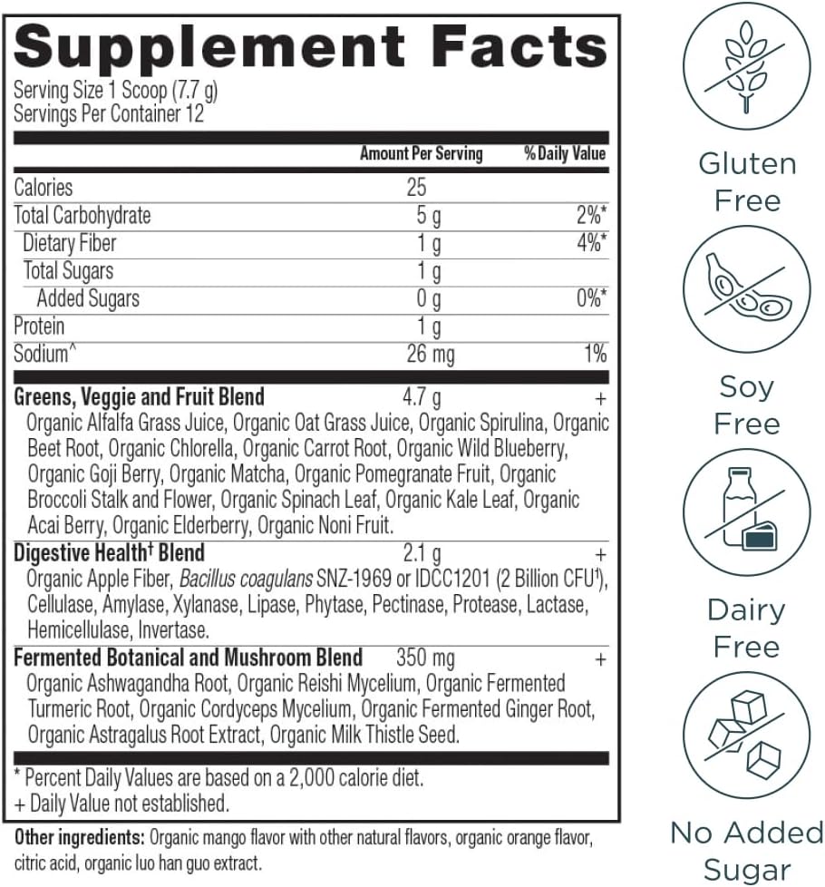 Ancient Nutrition SuperGreens Powder with Probiotics, Organic Mango Flavor Greens, Made from Real Fruits, Vegetables and Herbs, Digestive and Energy Support, 12 Servings, 3.3oz 4