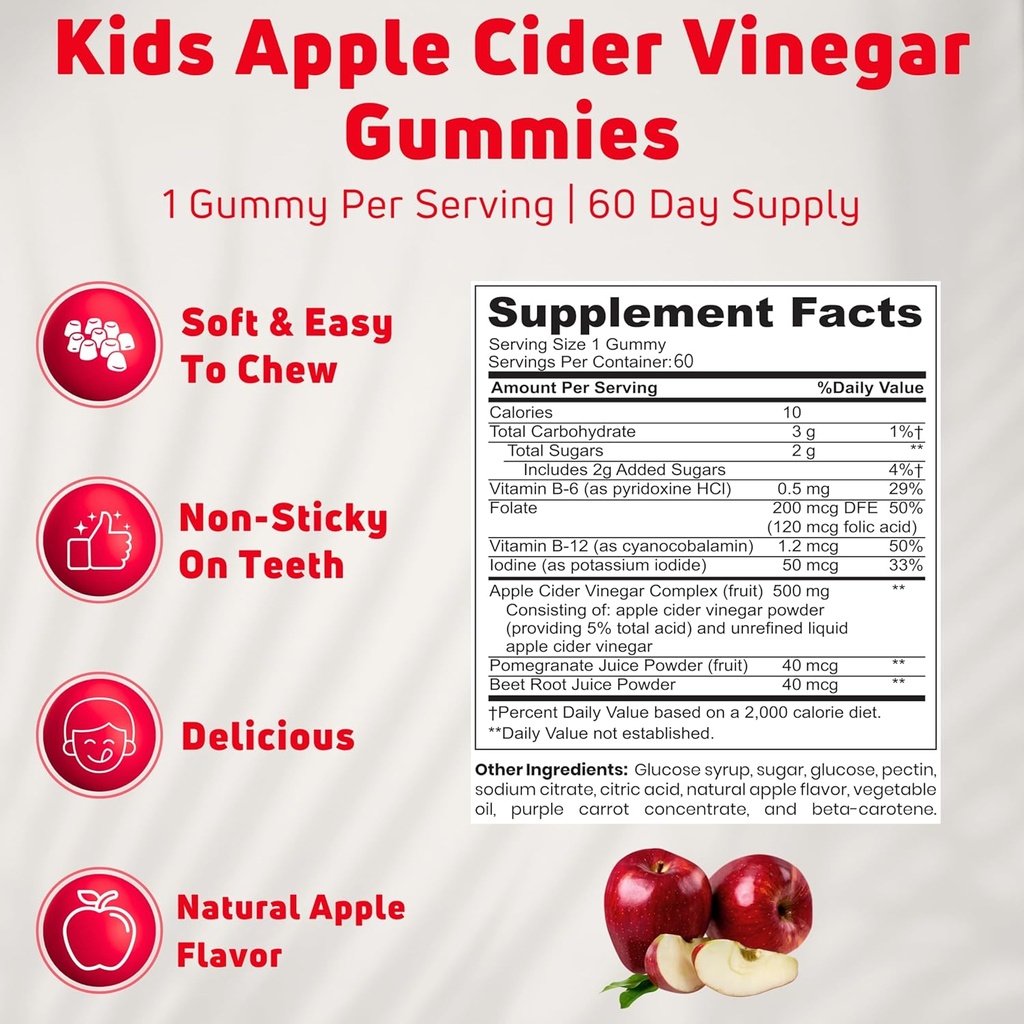 Apple Cider Vinegar Gummies for Kids, 60 Servings. Gluten Free, Vegan and Gelatin Free ACV Gummies 3