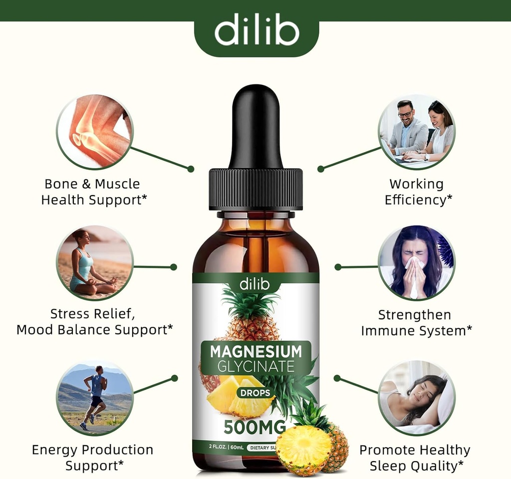 Magnesium Glycinate Supplement, Liquid Magnesium Glycinate Liquid Drops 500mg-Support Stress Relief, Relaxation, Mood, Sleep, Bone & Muscle-2 Fl Oz, Vegan, Pineapple Flavor 4
