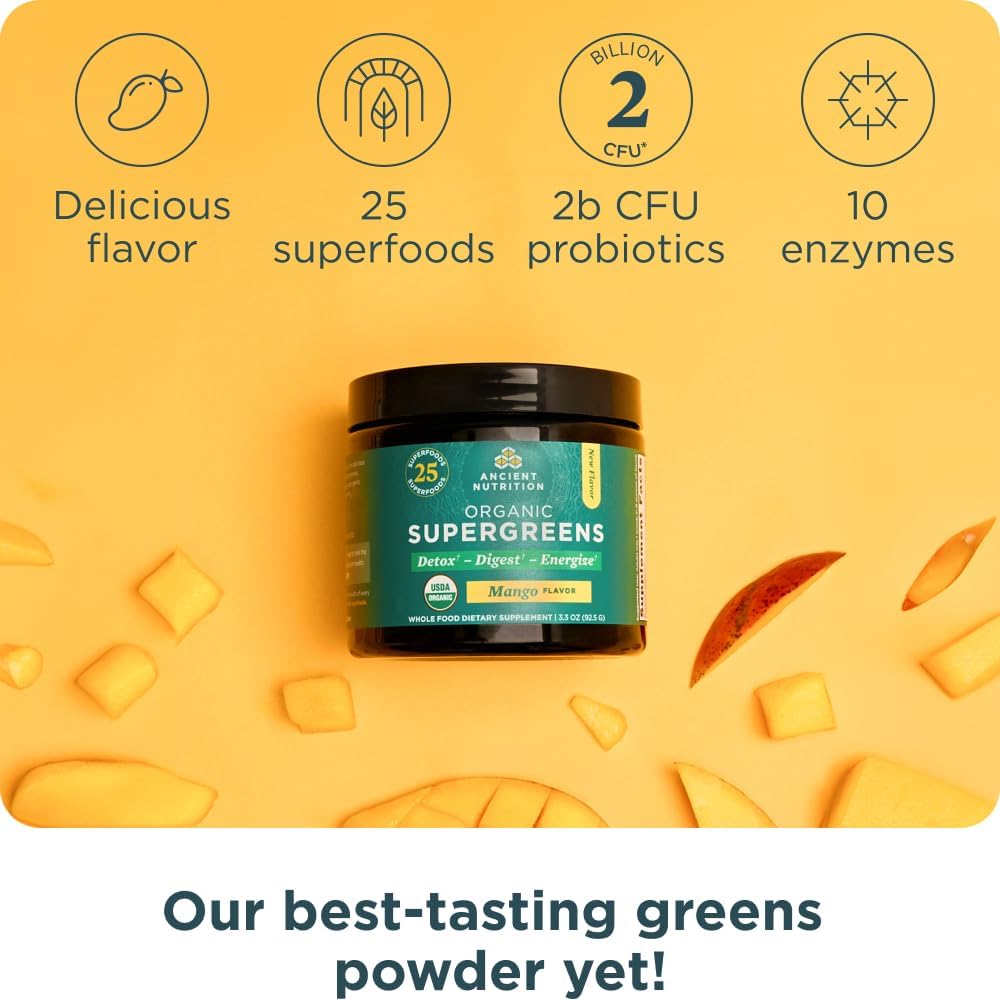 Ancient Nutrition SuperGreens Powder with Probiotics, Organic Mango Flavor Greens, Made from Real Fruits, Vegetables and Herbs, Digestive and Energy Support, 12 Servings, 3.3oz 5