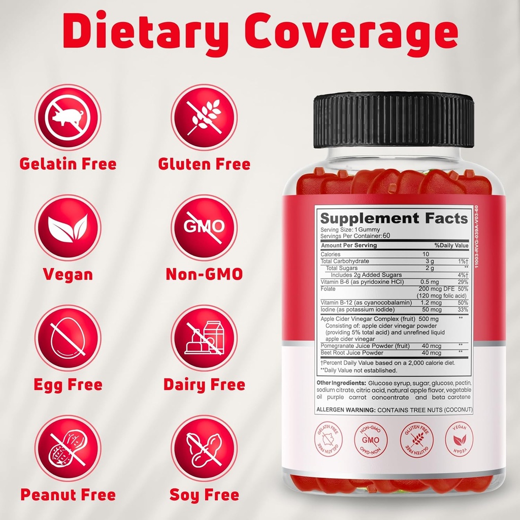 Apple Cider Vinegar Gummies for Kids, 60 Servings. Gluten Free, Vegan and Gelatin Free ACV Gummies 5