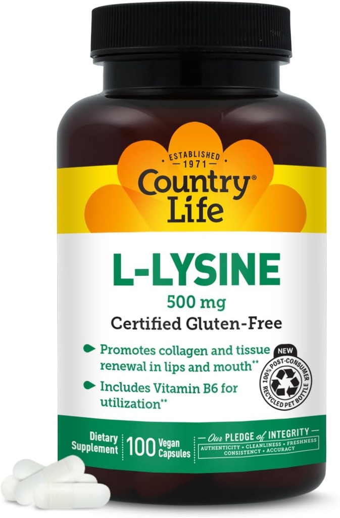 Country Life L-Lysine 500mg with B-6, Supports Immune Health, Promotes Collagen Renewal in Lips and Mouth, 100 Vegan Capsules, Certified Gluten Free, Certified Vegan 2