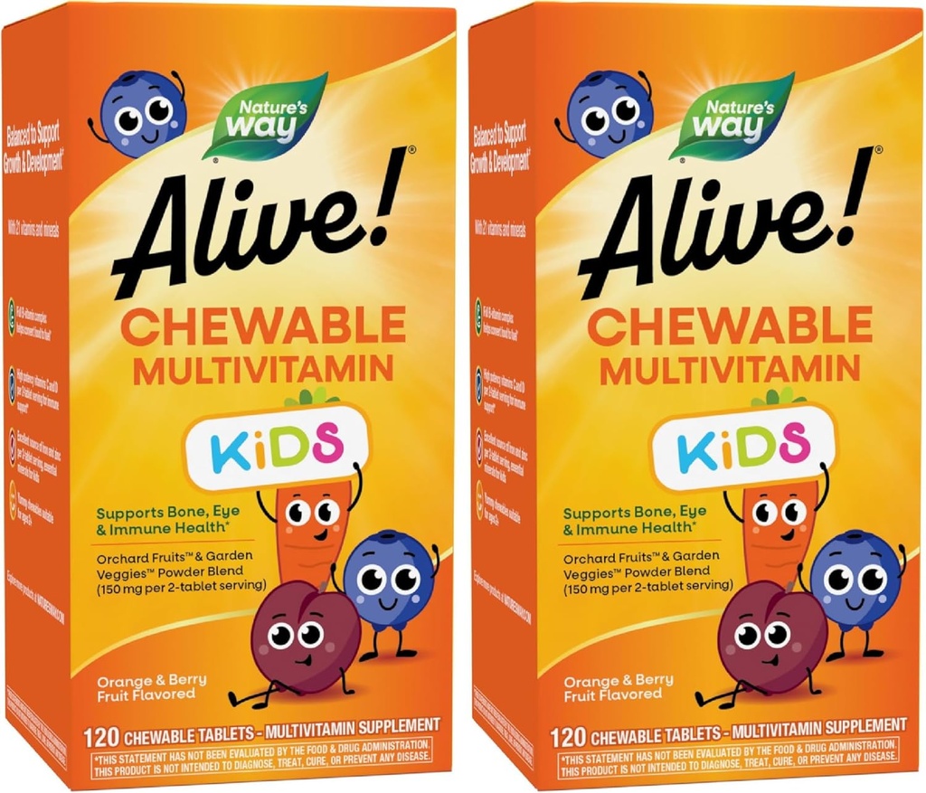 Nature's Way Alive! Children's Daily Chewable Multivitamin, Supports Bone, Eye, and Immune Health*, Orange & Berry Fruit Flavored, Gluten Free, 120 Chewable Tablets (Packaging May Vary) (Pack of 2) 2