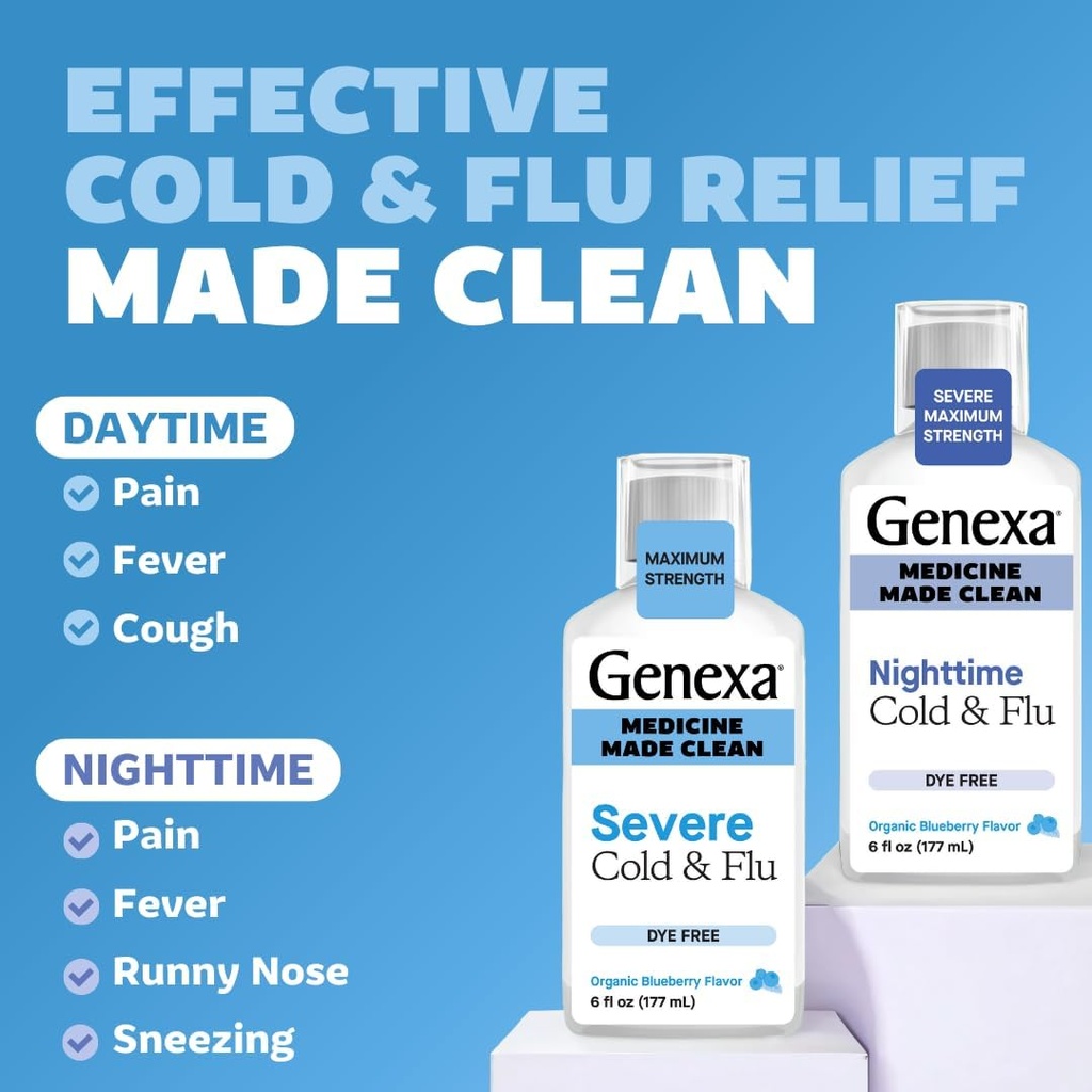 Genexa Clean Cold & Flu Daytime + Nighttime Severe Relief, Dye Free, 0% Artificial Additives, Acetaminophen Fever Reducer, Cough Suppressant, Antihistamine, Organic Blueberry Flavor, 12 fl oz (2 pack) 5
