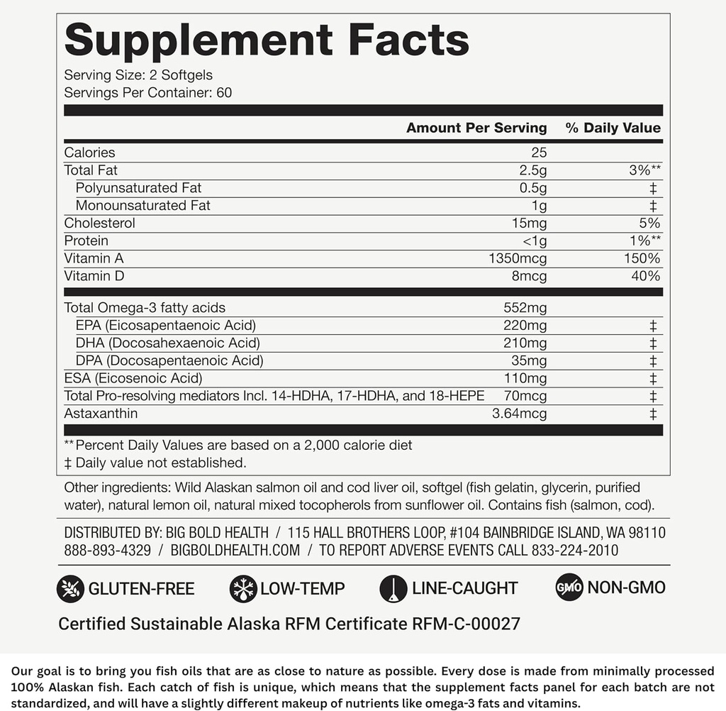 Big Bold Health Dutch Harbor Omega Maintain Softgels - Premium Alaskan Cod Liver Oil (120 Count) - Sustainably Sourced Omega-3 Supplement with EPA, DHA, DPA - Natural Vitamins A & D - MSC Certified 5