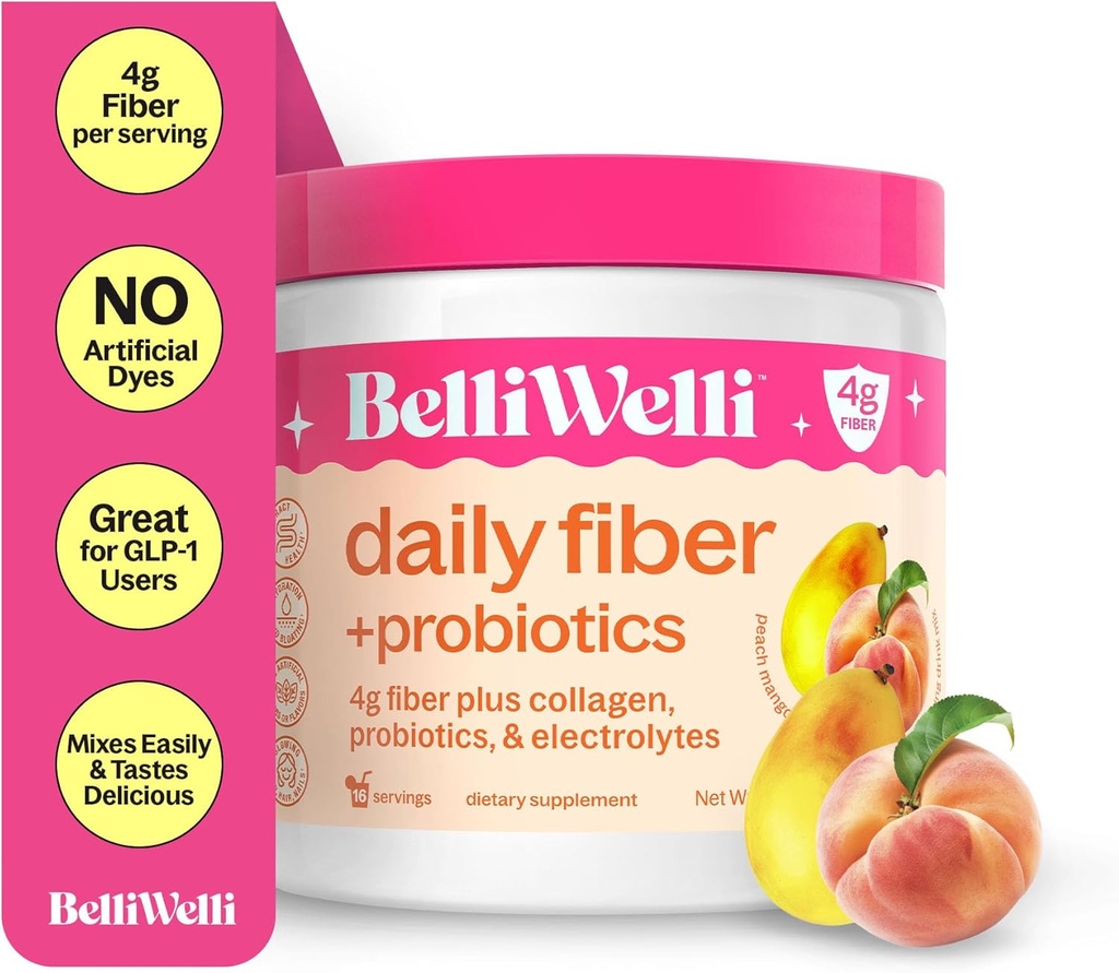 BelliWelli Fiber Supplement for Women & Men – Premium Daily Fiber Powder from Organic Acacia with Added Collagen, Electrolytes & Probiotics – No Bloat, Constipation & Gut Health Support (Peach Mango) 2