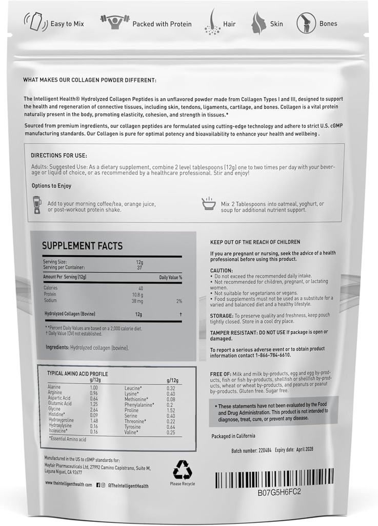 The Intelligent Health Collagen Peptides Powder, 45 Servings, Hydrolyzed Collagen, Type I & III, Grass Fed, Unflavored, Gluten Free, Keto/Paleo, 10g Servings, 15.9 Oz, Skin Support, Hair, Nail, Joints 3