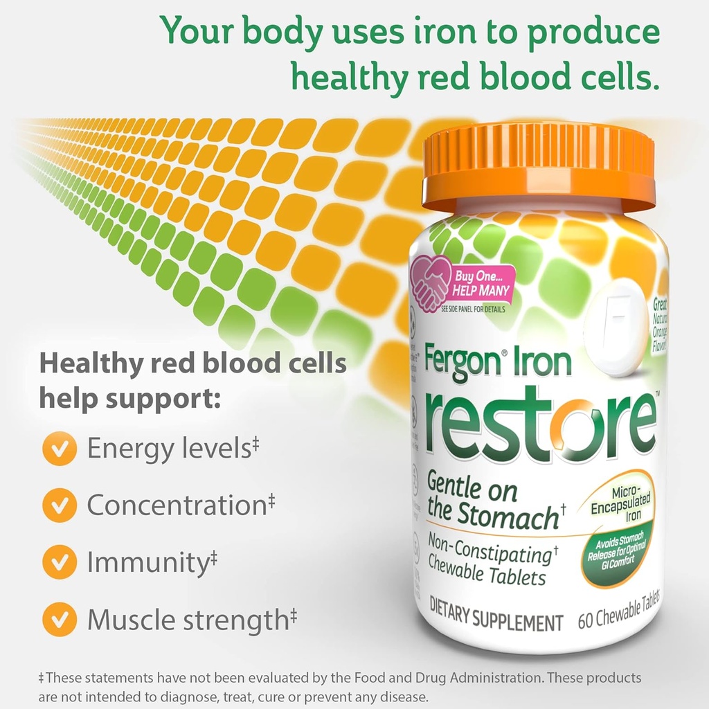 Fergon Iron Restore Chewable Tablets - Gentle on Stomach, Non-Constipating - 27mg Iron for Energy Support – 60 Tablets 4