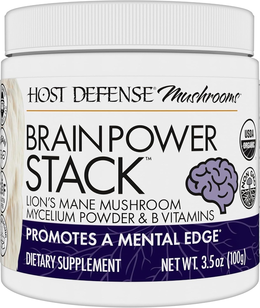 Host Defense BrainPower Stack Powder - Targeted Brain Support Supplement - Powder Mushroom Supplement with Lion's Mane, Niacin (B3) & Vitamin B12 - Herbal Brain Support - 100g (66 Servings)* 2