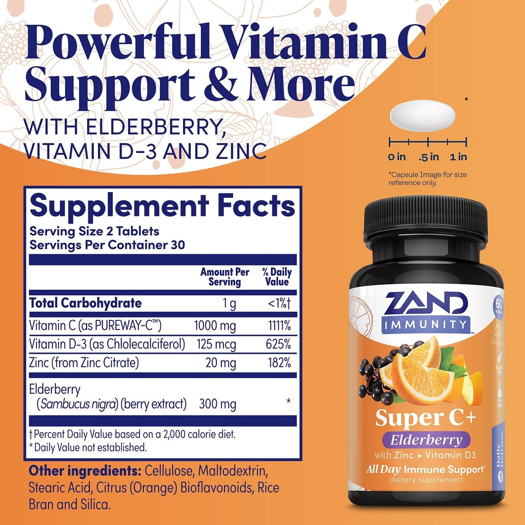 Zand Immunity Super C+ with Elderberry, All Day Immune Support, 1000mg PureWay-C Vitamin C Plus Zinc & Vitamin D-3, Enhanced Absorption, 60 Tablets, 30 Servings 3