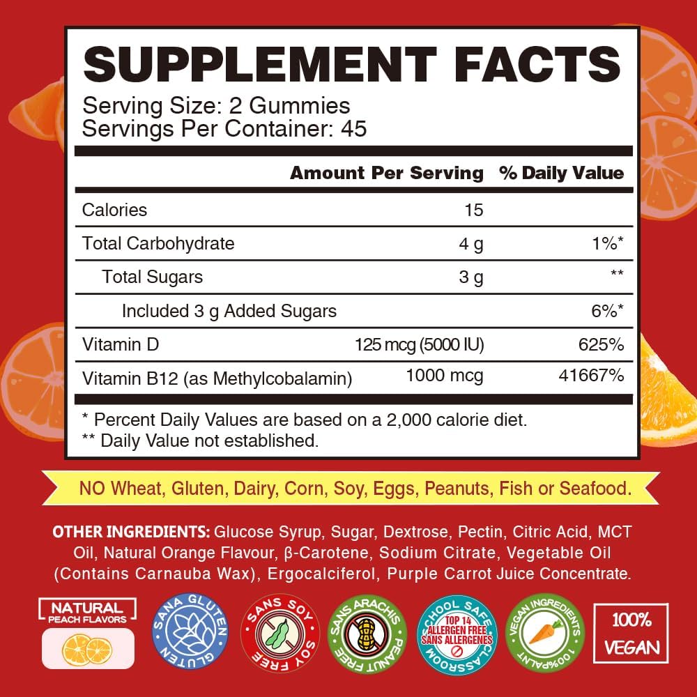 Vitamin B12 D3 Vegan Gummies - 90 Count I 1000 MCG Methyl B12 & 5000 IU Vitamin D Gummy Chewable Supplements for Adults & Kids - Immune Health & Daily Energy Boost - Non-GMO, Orange 5