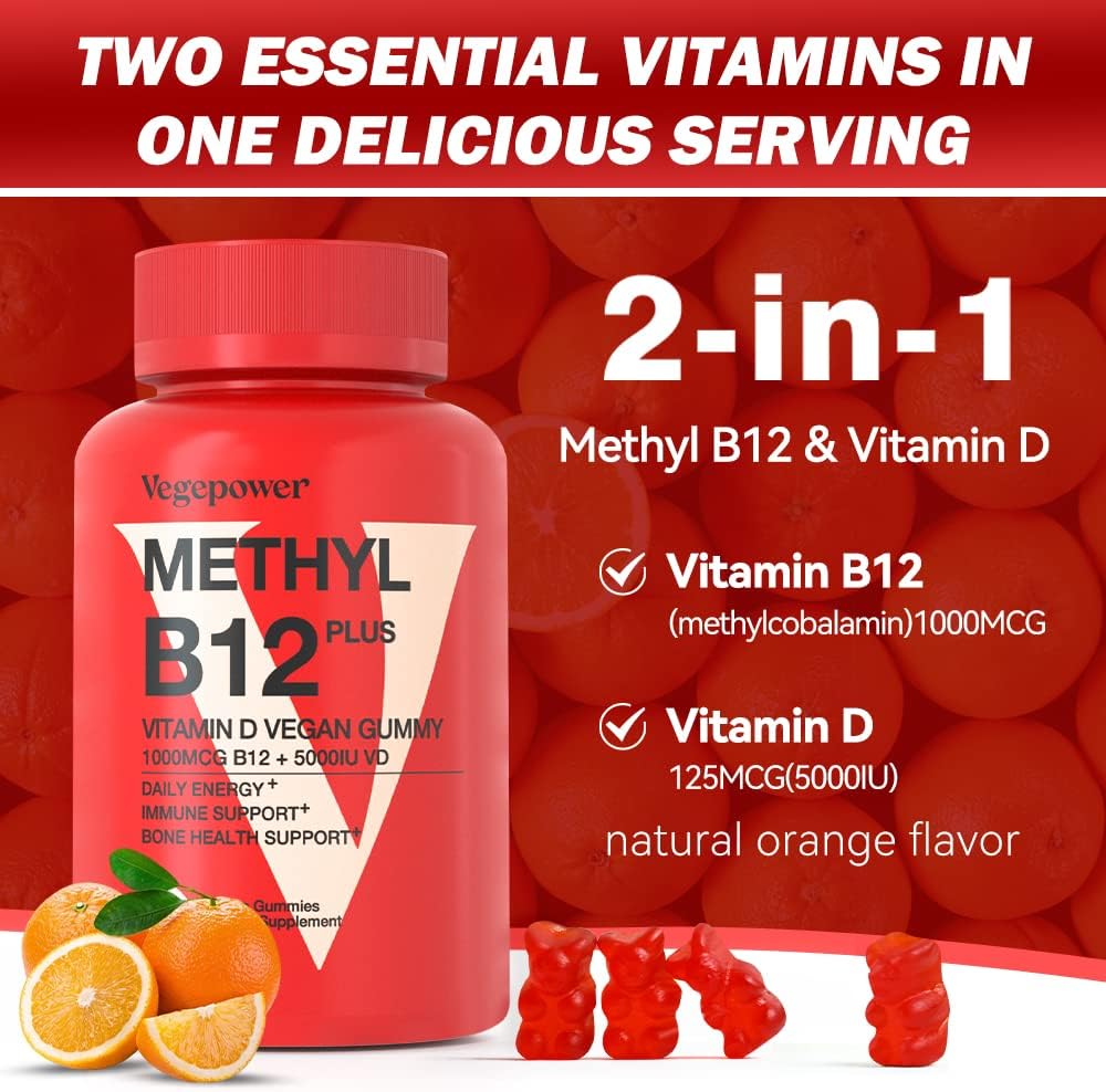Vitamin B12 D3 Vegan Gummies - 90 Count I 1000 MCG Methyl B12 & 5000 IU Vitamin D Gummy Chewable Supplements for Adults & Kids - Immune Health & Daily Energy Boost - Non-GMO, Orange 6
